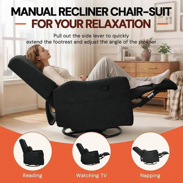 Alt view image 3 of 7 - Korser Glider Recliner Rocking Chair, 360° Swivel Boucle Nursery Chair, Comfy Upholstered Recliner for Nursery, Living Room & Bedroom,Black