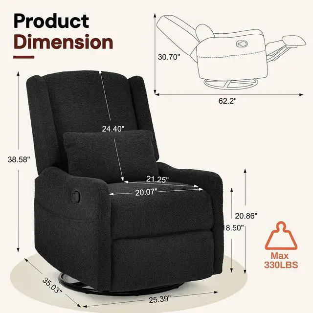 Alt view image 2 of 7 - Korser Glider Recliner Rocking Chair, 360° Swivel Boucle Nursery Chair, Comfy Upholstered Recliner for Nursery, Living Room & Bedroom,Black