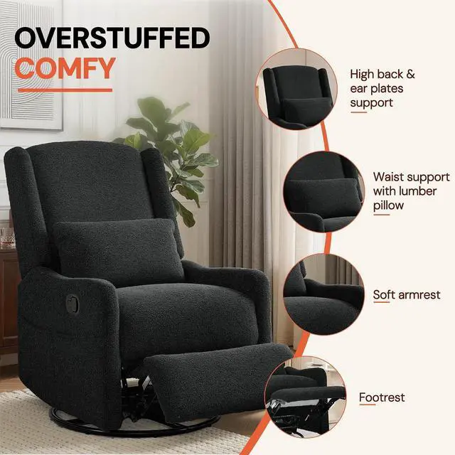 Alt view image 5 of 7 - Korser Glider Recliner Rocking Chair, 360° Swivel Boucle Nursery Chair, Comfy Upholstered Recliner for Nursery, Living Room & Bedroom,Black