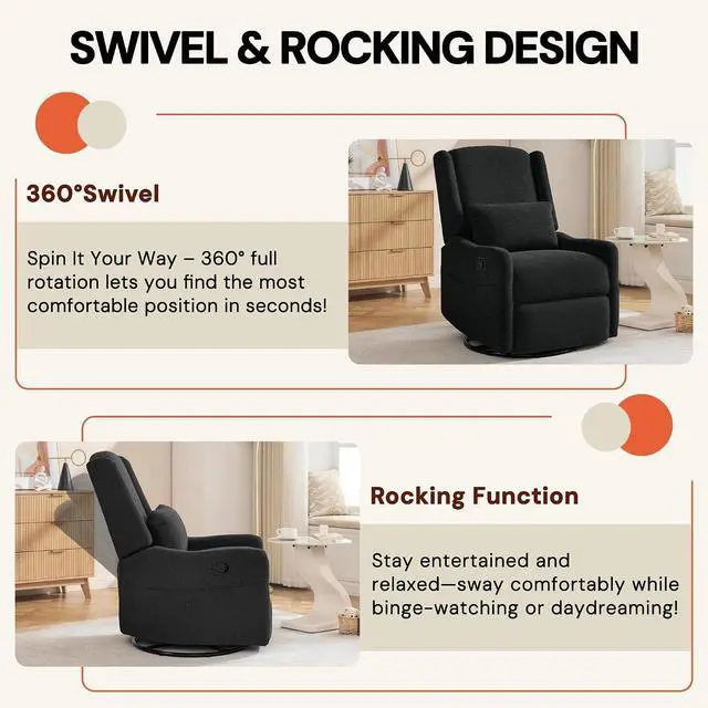 Alt view image 4 of 7 - Korser Glider Recliner Rocking Chair, 360° Swivel Boucle Nursery Chair, Comfy Upholstered Recliner for Nursery, Living Room & Bedroom,Black