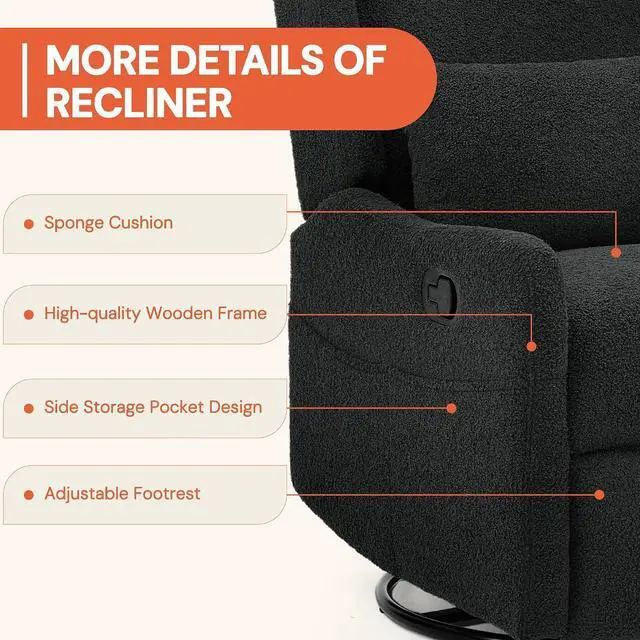 Alt view image 6 of 7 - Korser Glider Recliner Rocking Chair, 360° Swivel Boucle Nursery Chair, Comfy Upholstered Recliner for Nursery, Living Room & Bedroom,Black