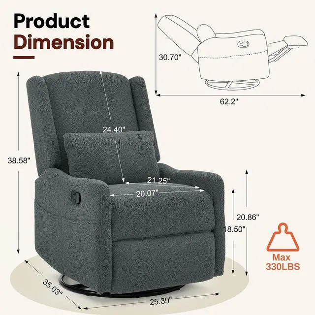 Alt view image 2 of 7 - Korser Glider Recliner Rocking Chair, 360° Swivel Boucle Nursery Chair, Comfy Upholstered Recliner for Nursery, Living Room & Bedroom,Grey