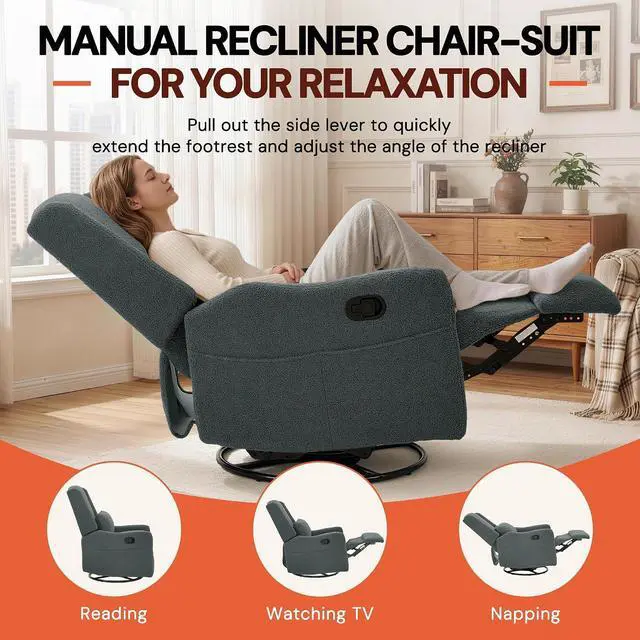 Alt view image 3 of 7 - Korser Glider Recliner Rocking Chair, 360° Swivel Boucle Nursery Chair, Comfy Upholstered Recliner for Nursery, Living Room & Bedroom,Grey