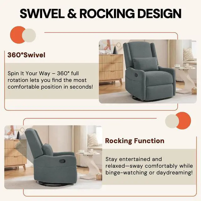 Alt view image 4 of 7 - Korser Glider Recliner Rocking Chair, 360° Swivel Boucle Nursery Chair, Comfy Upholstered Recliner for Nursery, Living Room & Bedroom,Grey