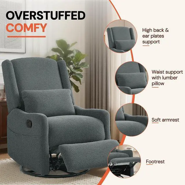 Alt view image 5 of 7 - Korser Glider Recliner Rocking Chair, 360° Swivel Boucle Nursery Chair, Comfy Upholstered Recliner for Nursery, Living Room & Bedroom,Grey