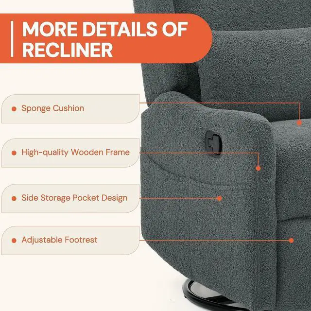 Alt view image 6 of 7 - Korser Glider Recliner Rocking Chair, 360° Swivel Boucle Nursery Chair, Comfy Upholstered Recliner for Nursery, Living Room & Bedroom,Grey