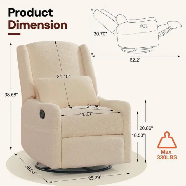 Alt view image 2 of 7 - Korser Glider Recliner Rocking Chair, 360° Swivel Boucle Nursery Chair, Comfy Upholstered Recliner for Nursery, Living Room & Bedroom,Khaqi