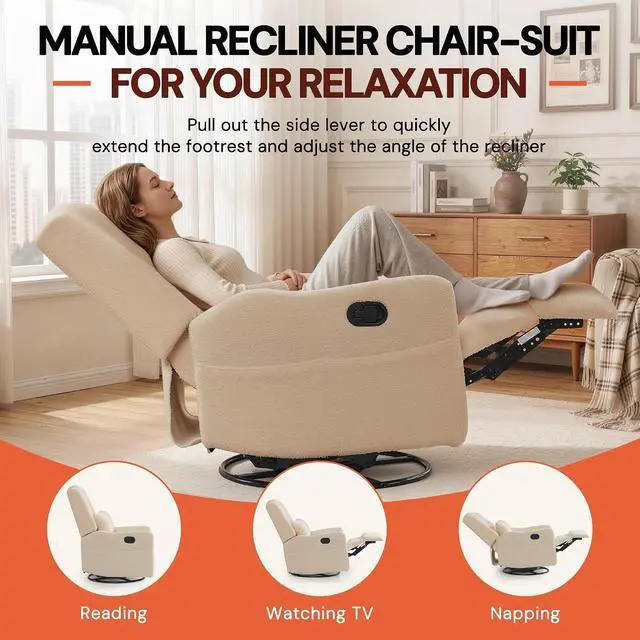Alt view image 3 of 7 - Korser Glider Recliner Rocking Chair, 360° Swivel Boucle Nursery Chair, Comfy Upholstered Recliner for Nursery, Living Room & Bedroom,Khaqi
