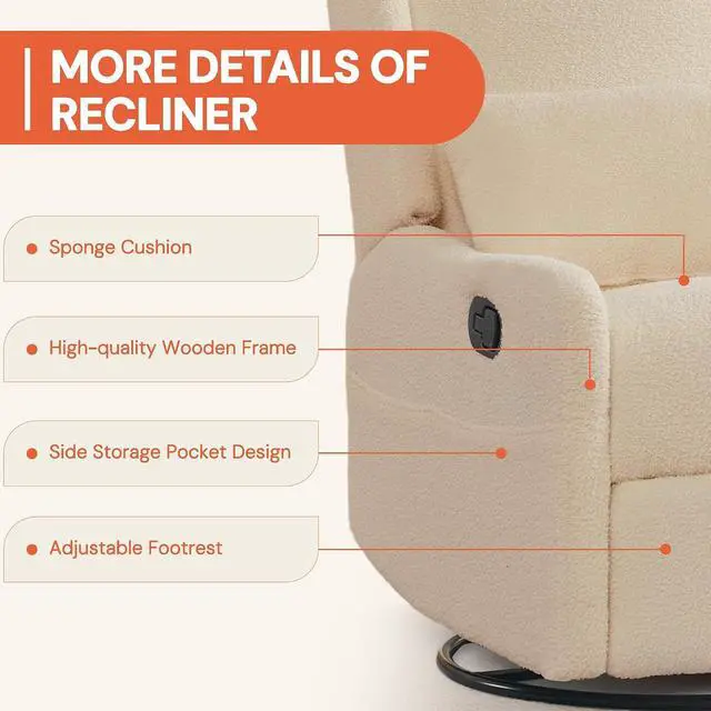 Alt view image 6 of 7 - Korser Glider Recliner Rocking Chair, 360° Swivel Boucle Nursery Chair, Comfy Upholstered Recliner for Nursery, Living Room & Bedroom,Khaqi