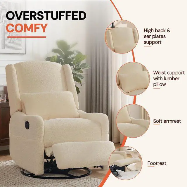 Alt view image 5 of 7 - Korser Glider Recliner Rocking Chair, 360° Swivel Boucle Nursery Chair, Comfy Upholstered Recliner for Nursery, Living Room & Bedroom,Khaqi