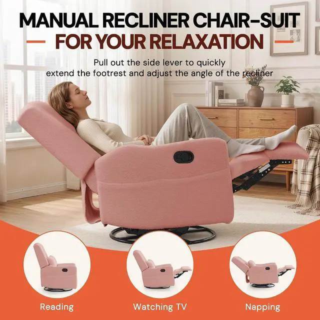 Alt view image 3 of 7 - Korser Glider Recliner Rocking Chair, 360° Swivel Boucle Nursery Chair, Comfy Upholstered Recliner for Nursery, Living Room & Bedroom,Pink