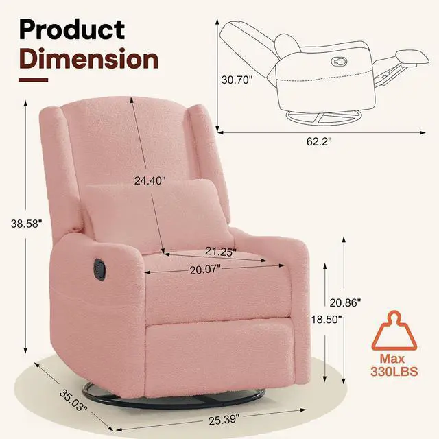 Alt view image 2 of 7 - Korser Glider Recliner Rocking Chair, 360° Swivel Boucle Nursery Chair, Comfy Upholstered Recliner for Nursery, Living Room & Bedroom,Pink