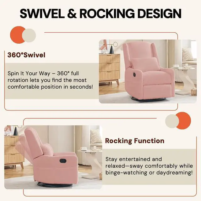 Alt view image 4 of 7 - Korser Glider Recliner Rocking Chair, 360° Swivel Boucle Nursery Chair, Comfy Upholstered Recliner for Nursery, Living Room & Bedroom,Pink