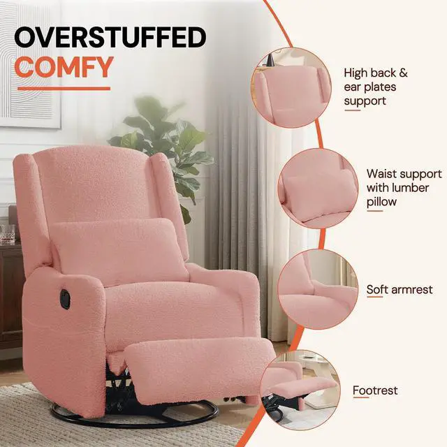 Alt view image 5 of 7 - Korser Glider Recliner Rocking Chair, 360° Swivel Boucle Nursery Chair, Comfy Upholstered Recliner for Nursery, Living Room & Bedroom,Pink