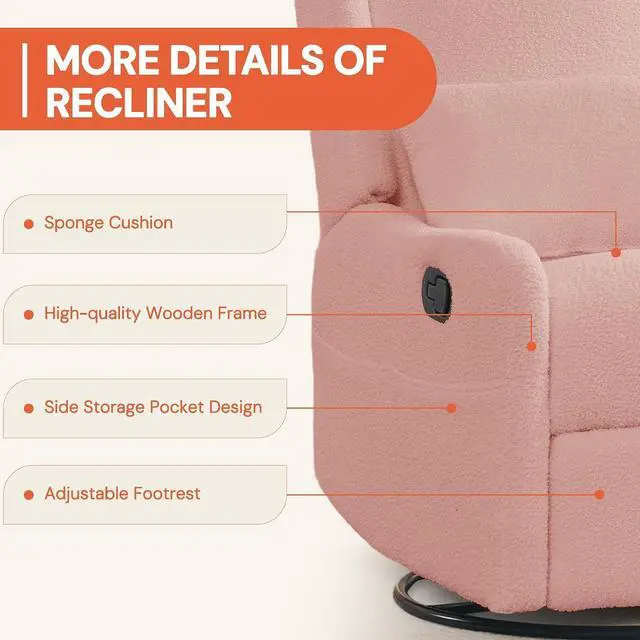 Alt view image 6 of 7 - Korser Glider Recliner Rocking Chair, 360° Swivel Boucle Nursery Chair, Comfy Upholstered Recliner for Nursery, Living Room & Bedroom,Pink