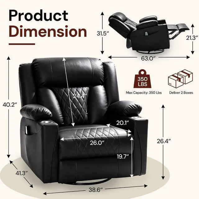 Alt view image 2 of 7 - Korser Oversized Recliner Chair, 360° Swivel Rocker Recliner for Big and Tall Person, Manual Control Recliner with Heat & Massage for Living Room, Faux Leather, Black