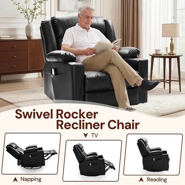 Alt view image 3 of 7 - Korser Oversized Recliner Chair, 360° Swivel Rocker Recliner for Big and Tall Person, Manual Control Recliner with Heat & Massage for Living Room, Faux Leather, Black