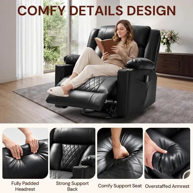Alt view image 5 of 7 - Korser Oversized Recliner Chair, 360° Swivel Rocker Recliner for Big and Tall Person, Manual Control Recliner with Heat & Massage for Living Room, Faux Leather, Black