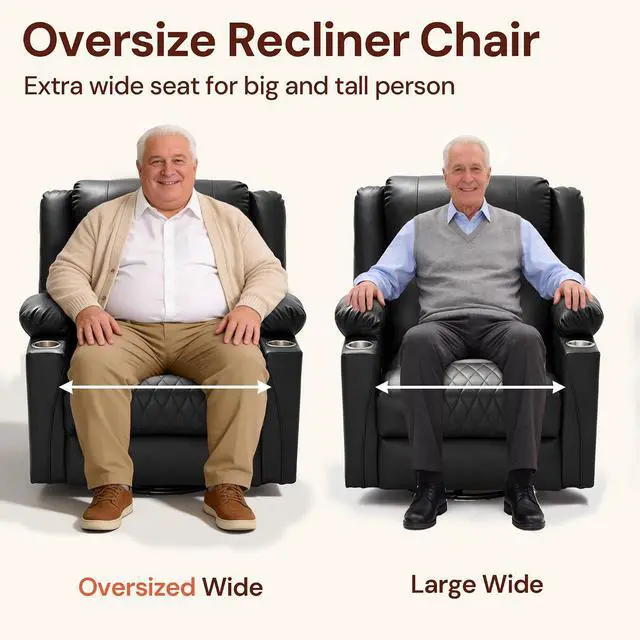 Alt view image 6 of 7 - Korser Oversized Recliner Chair, 360° Swivel Rocker Recliner for Big and Tall Person, Manual Control Recliner with Heat & Massage for Living Room, Faux Leather, Black