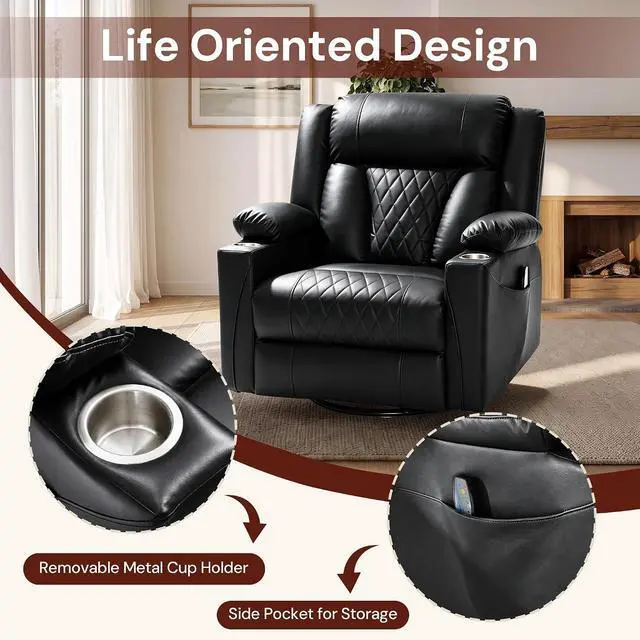 Alt view image 7 of 7 - Korser Oversized Recliner Chair, 360° Swivel Rocker Recliner for Big and Tall Person, Manual Control Recliner with Heat & Massage for Living Room, Faux Leather, Black