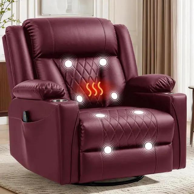 Main image of Korser Oversized Recliner Chair, 360° Swivel Rocker Recliner for Big and Tall Person, Manual Control Recliner with Heat & Massage for Living Room, Faux Leather, Burgundy