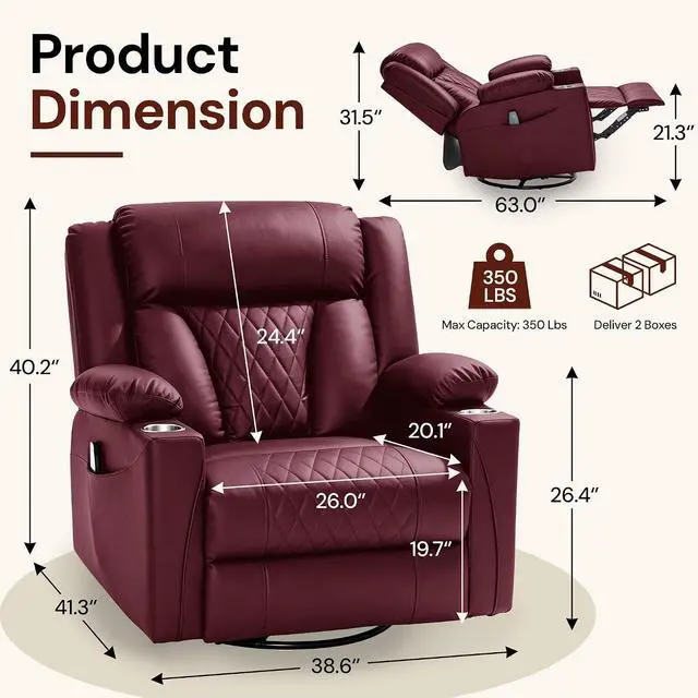 Alt view image 2 of 7 - Korser Oversized Recliner Chair, 360° Swivel Rocker Recliner for Big and Tall Person, Manual Control Recliner with Heat & Massage for Living Room, Faux Leather, Burgundy