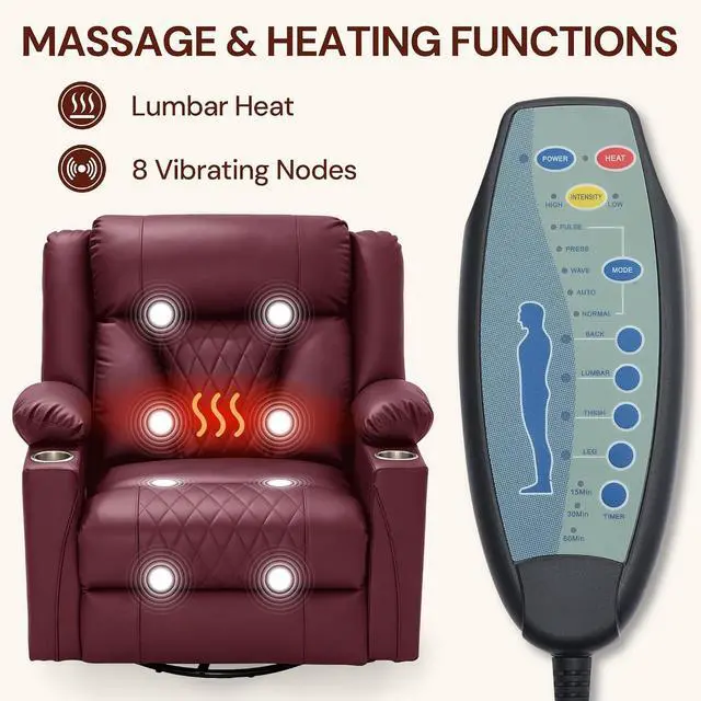 Alt view image 3 of 7 - Korser Oversized Recliner Chair, 360° Swivel Rocker Recliner for Big and Tall Person, Manual Control Recliner with Heat & Massage for Living Room, Faux Leather, Burgundy