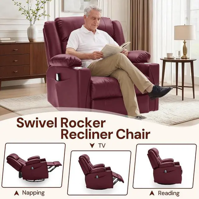 Alt view image 4 of 7 - Korser Oversized Recliner Chair, 360° Swivel Rocker Recliner for Big and Tall Person, Manual Control Recliner with Heat & Massage for Living Room, Faux Leather, Burgundy