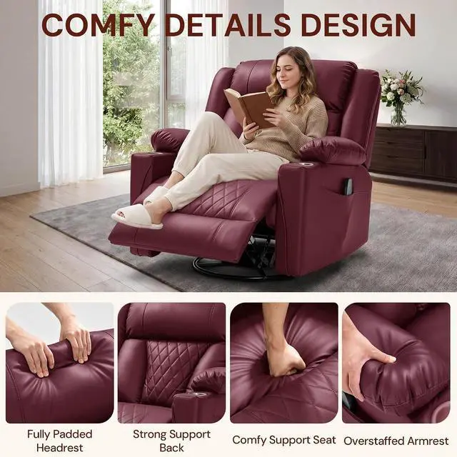 Alt view image 5 of 7 - Korser Oversized Recliner Chair, 360° Swivel Rocker Recliner for Big and Tall Person, Manual Control Recliner with Heat & Massage for Living Room, Faux Leather, Burgundy