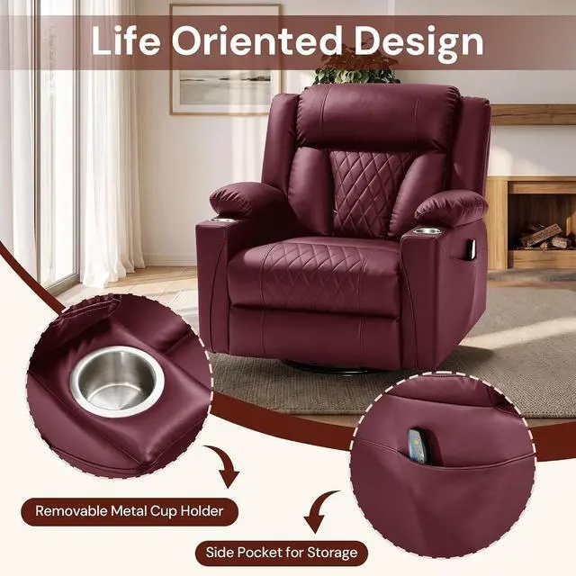 Alt view image 6 of 7 - Korser Oversized Recliner Chair, 360° Swivel Rocker Recliner for Big and Tall Person, Manual Control Recliner with Heat & Massage for Living Room, Faux Leather, Burgundy