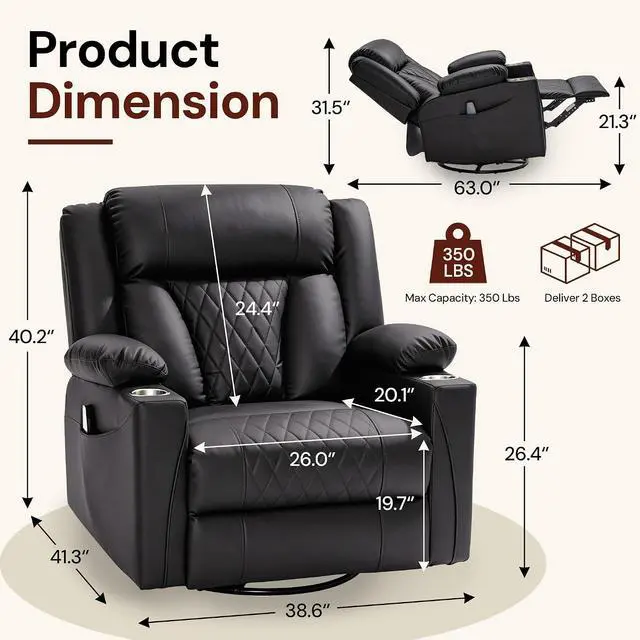 Alt view image 2 of 7 - Korser Oversized Recliner Chair, 360° Swivel Rocker Recliner for Big and Tall Person, Manual Control Recliner with Heat & Massage for Living Room, Faux Leather, Grey