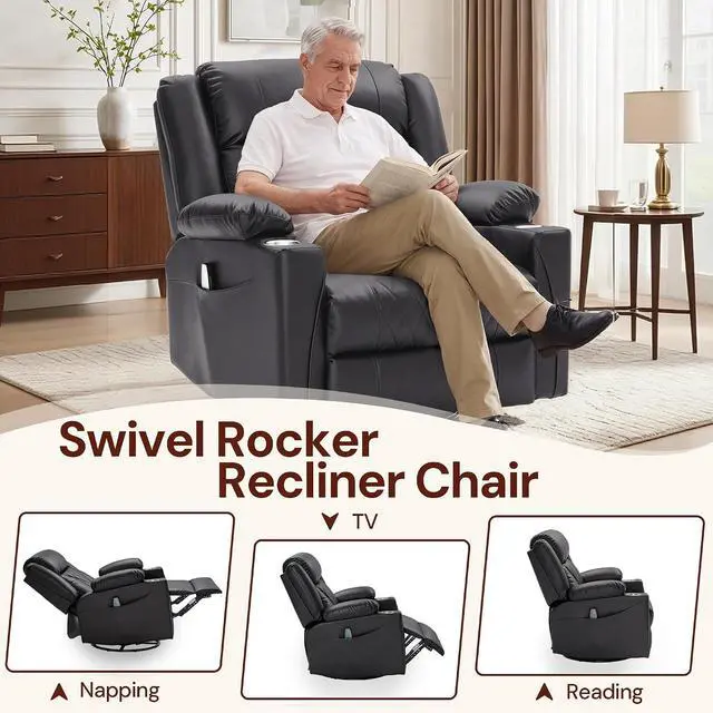 Alt view image 3 of 7 - Korser Oversized Recliner Chair, 360° Swivel Rocker Recliner for Big and Tall Person, Manual Control Recliner with Heat & Massage for Living Room, Faux Leather, Grey