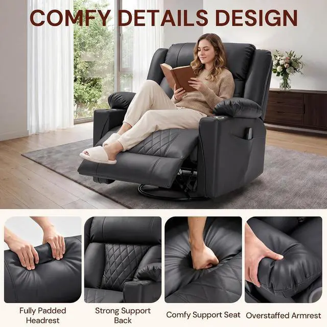 Alt view image 5 of 7 - Korser Oversized Recliner Chair, 360° Swivel Rocker Recliner for Big and Tall Person, Manual Control Recliner with Heat & Massage for Living Room, Faux Leather, Grey