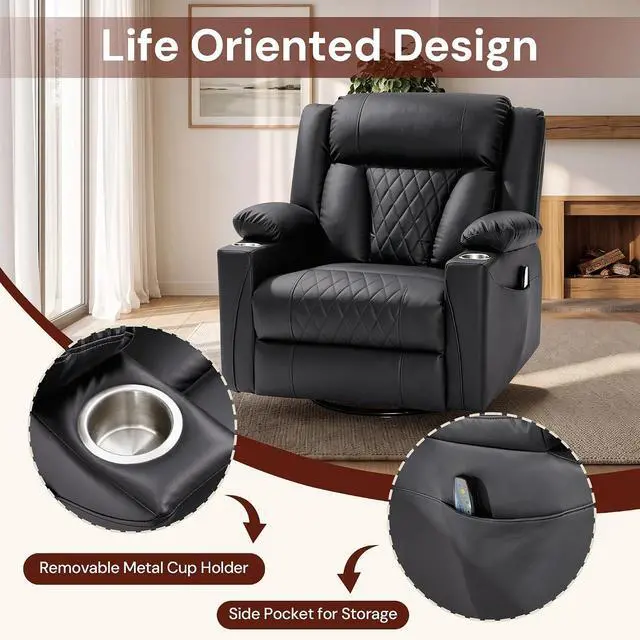 Alt view image 6 of 7 - Korser Oversized Recliner Chair, 360° Swivel Rocker Recliner for Big and Tall Person, Manual Control Recliner with Heat & Massage for Living Room, Faux Leather, Grey