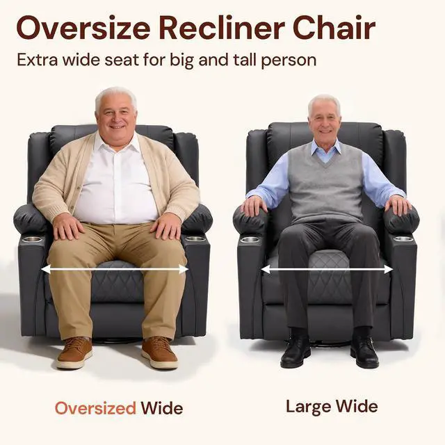 Alt view image 7 of 7 - Korser Oversized Recliner Chair, 360° Swivel Rocker Recliner for Big and Tall Person, Manual Control Recliner with Heat & Massage for Living Room, Faux Leather, Grey