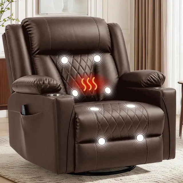 Main image of Korser Oversized Recliner Chair, 360° Swivel Rocker Recliner for Big and Tall Person, Manual Control Recliner with Heat & Massage for Living Room, Faux Leather, Brown