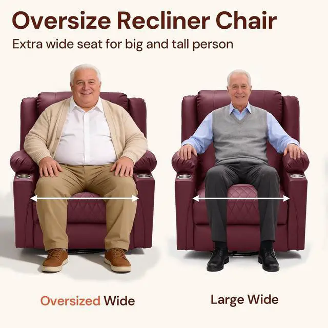 Alt view image 7 of 7 - Korser Oversized Recliner Chair, 360° Swivel Rocker Recliner for Big and Tall Person, Manual Control Recliner with Heat & Massage for Living Room, Faux Leather, Burgundy