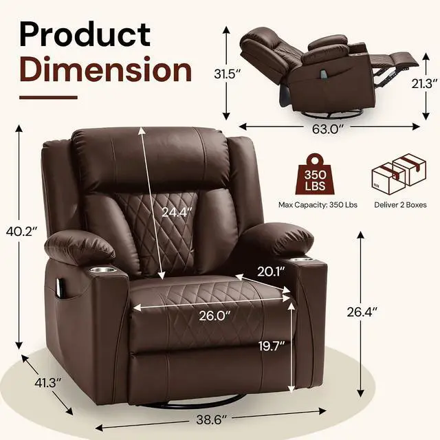 Alt view image 2 of 7 - Korser Oversized Recliner Chair, 360° Swivel Rocker Recliner for Big and Tall Person, Manual Control Recliner with Heat & Massage for Living Room, Faux Leather, Brown