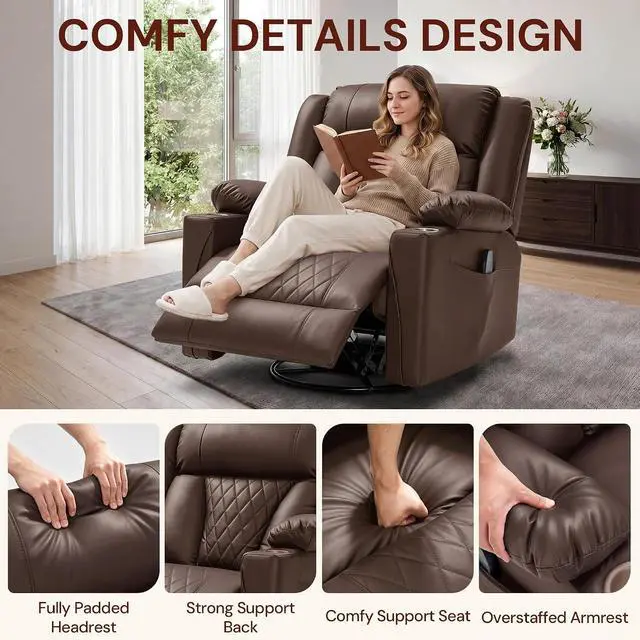 Alt view image 5 of 7 - Korser Oversized Recliner Chair, 360° Swivel Rocker Recliner for Big and Tall Person, Manual Control Recliner with Heat & Massage for Living Room, Faux Leather, Brown