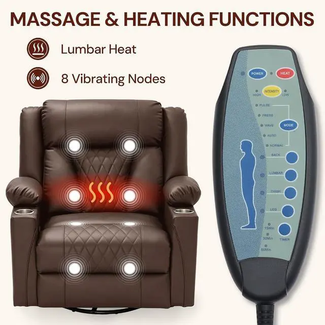 Alt view image 4 of 7 - Korser Oversized Recliner Chair, 360° Swivel Rocker Recliner for Big and Tall Person, Manual Control Recliner with Heat & Massage for Living Room, Faux Leather, Brown