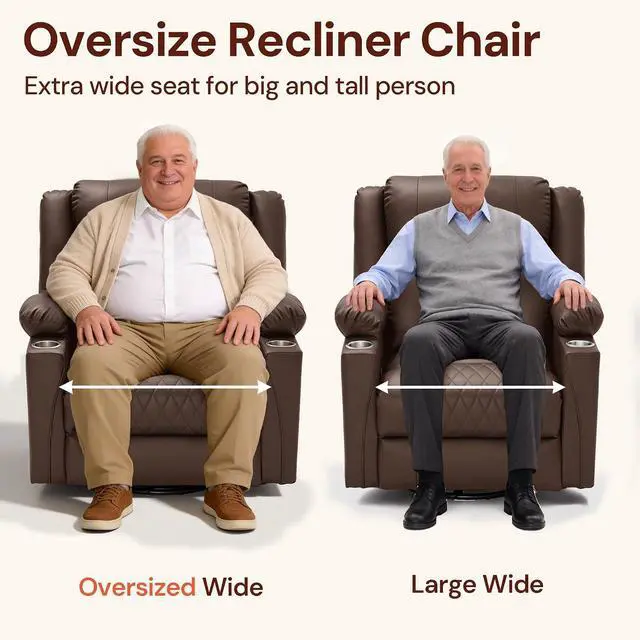 Alt view image 7 of 7 - Korser Oversized Recliner Chair, 360° Swivel Rocker Recliner for Big and Tall Person, Manual Control Recliner with Heat & Massage for Living Room, Faux Leather, Brown