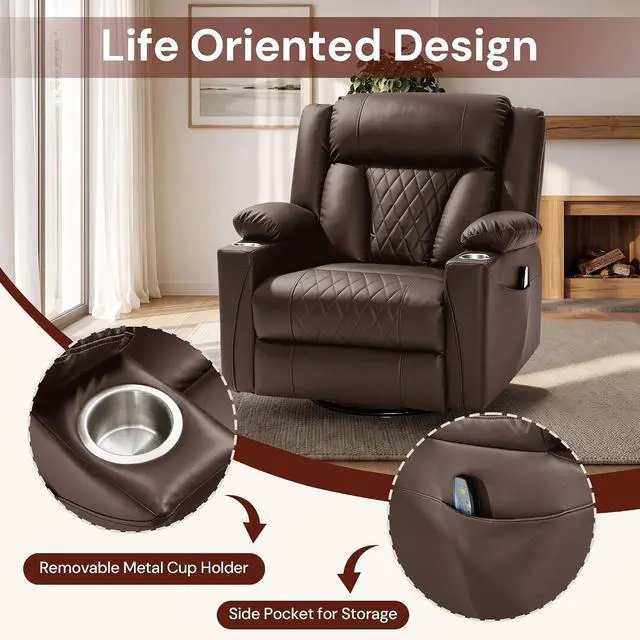 Alt view image 6 of 7 - Korser Oversized Recliner Chair, 360° Swivel Rocker Recliner for Big and Tall Person, Manual Control Recliner with Heat & Massage for Living Room, Faux Leather, Brown