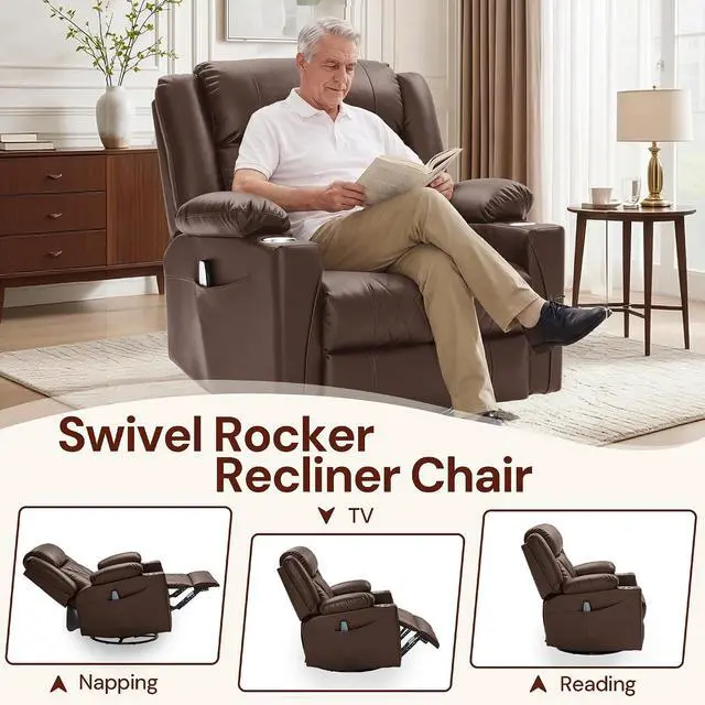 Alt view image 3 of 7 - Korser Oversized Recliner Chair, 360° Swivel Rocker Recliner for Big and Tall Person, Manual Control Recliner with Heat & Massage for Living Room, Faux Leather, Brown