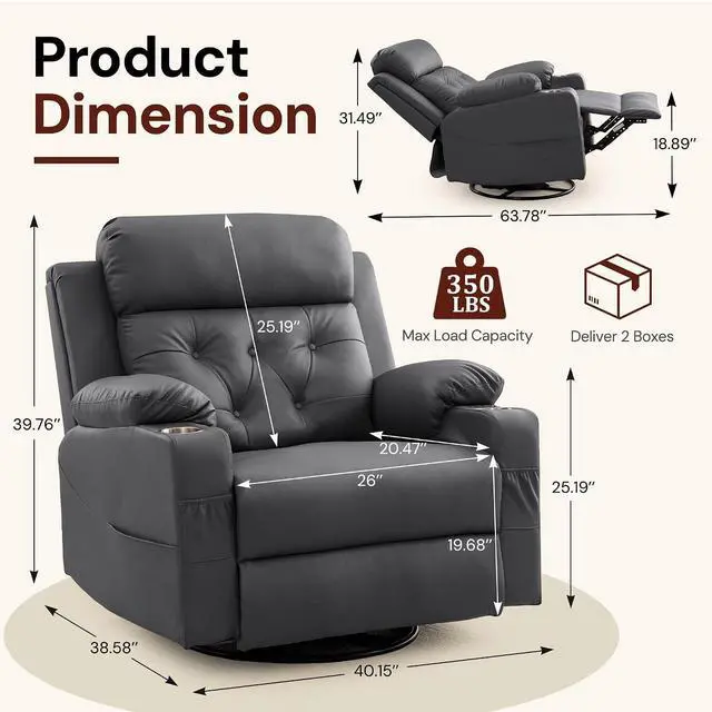 Alt view image 2 of 7 - Korser Oversized Recliner Chair, 360° Swivel Rocker Recliner for Adults, Recliner Chair with Heat and Massage, Manual Recliner with Remote Control and Cup Holders for Living Room, Faux Leather, Grey