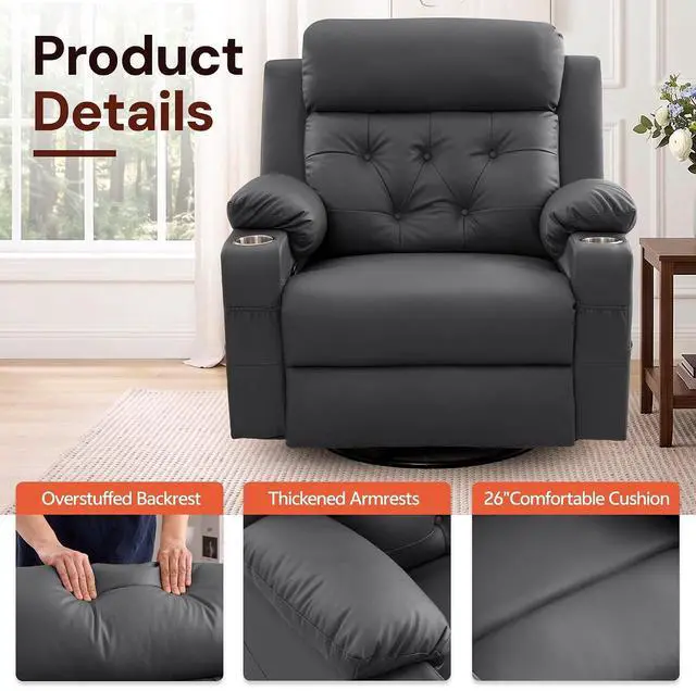Alt view image 7 of 7 - Korser Oversized Recliner Chair, 360° Swivel Rocker Recliner for Adults, Recliner Chair with Heat and Massage, Manual Recliner with Remote Control and Cup Holders for Living Room, Faux Leather, Grey