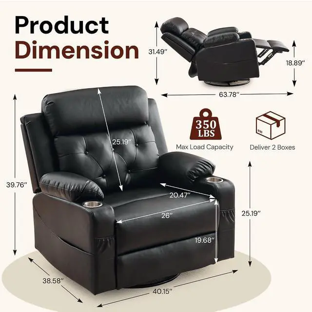 Alt view image 2 of 7 - Korser Oversized Recliner Chair, 360° Swivel Rocker Recliner for Adults, Recliner Chair with Heat and Massage, Manual Recliner with Remote Control and Cup Holders for Living Room, Faux Leather, Black