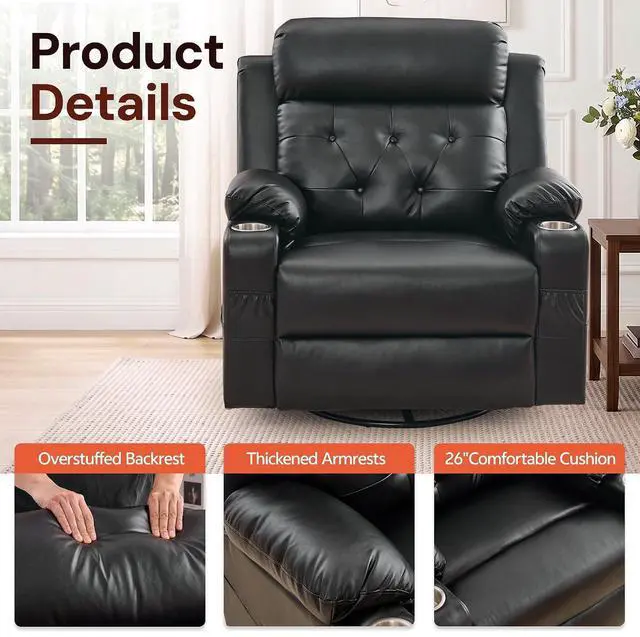 Alt view image 7 of 7 - Korser Oversized Recliner Chair, 360° Swivel Rocker Recliner for Adults, Recliner Chair with Heat and Massage, Manual Recliner with Remote Control and Cup Holders for Living Room, Faux Leather, Black