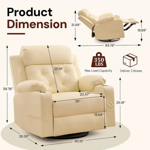 Alt view image 2 of 7 - Korser Oversized Recliner Chair, 360° Swivel Rocker Recliner for Adults, Recliner Chair with Heat and Massage, Manual Recliner with Remote Control and Cup Holders for Living Room, Faux Leather, Beige