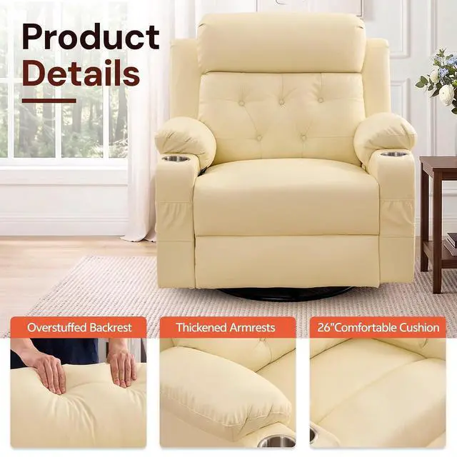 Alt view image 7 of 7 - Korser Oversized Recliner Chair, 360° Swivel Rocker Recliner for Adults, Recliner Chair with Heat and Massage, Manual Recliner with Remote Control and Cup Holders for Living Room, Faux Leather, Beige