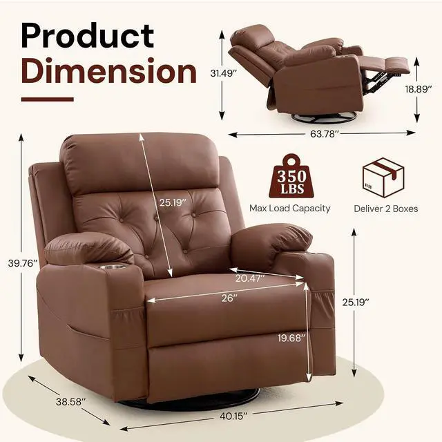 Alt view image 2 of 7 - Korser Oversized Recliner Chair, 360° Swivel Rocker Recliner for Adults, Recliner Chair with Heat and Massage, Manual Recliner with Remote Control and Cup Holders for Living Room, Faux Leather